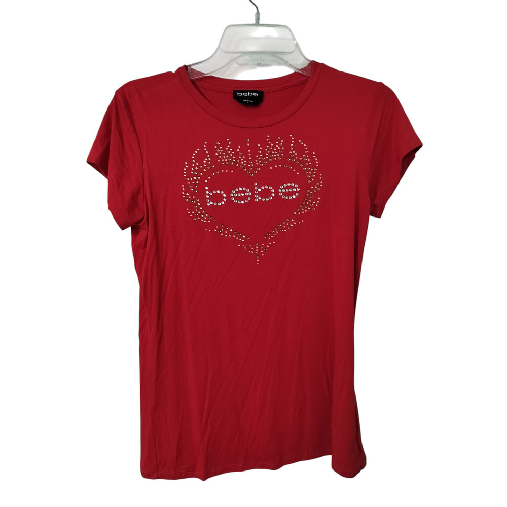3634) Bebe Red Bling Heart Shape Cap Sleeve Tee Size Medium ( runs smaller)